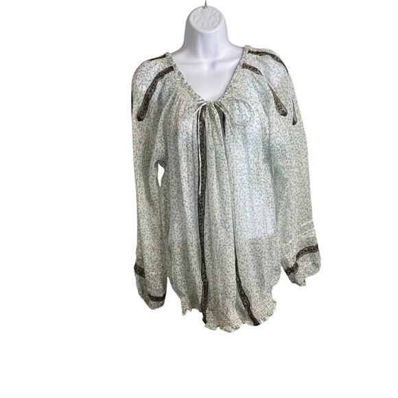 La Rok Green Ditsy Floral Sheer Silk Peasant Blouse Size S Flowy Boho Fairy - Picture 1 of 12